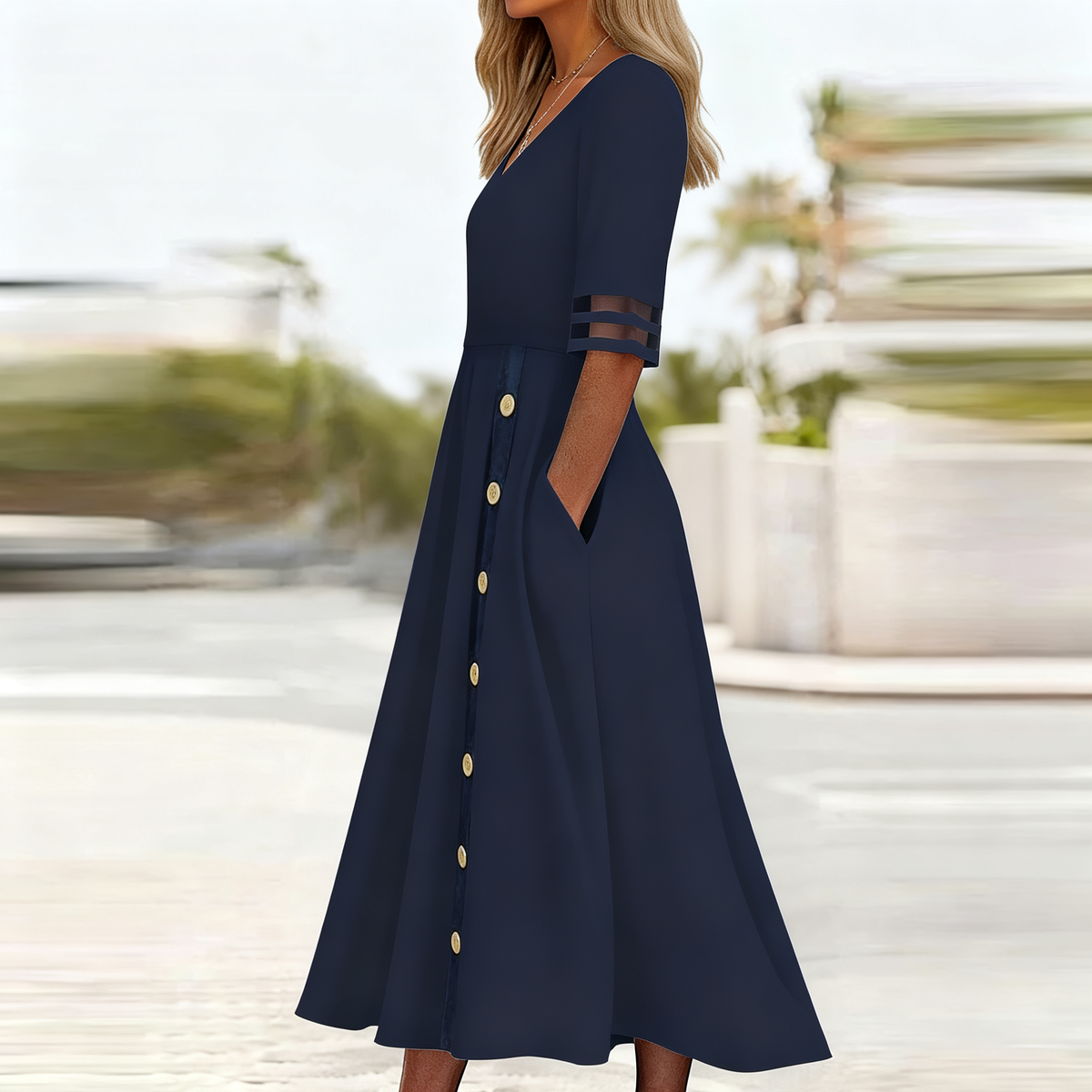 Navy Plain Short Sleeve Midi Dress