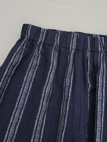 Lente/Zomer Dames Vakantiestijl Marineblauwe Mouwloze Onregelmatige Top + Hoge Taille Gestreepte Wijdvallende Broek met Wijde Pijpen Casual 2-delige Set, Geschikt voor Dagelijks Gebruik en op Vakantie 2A12590