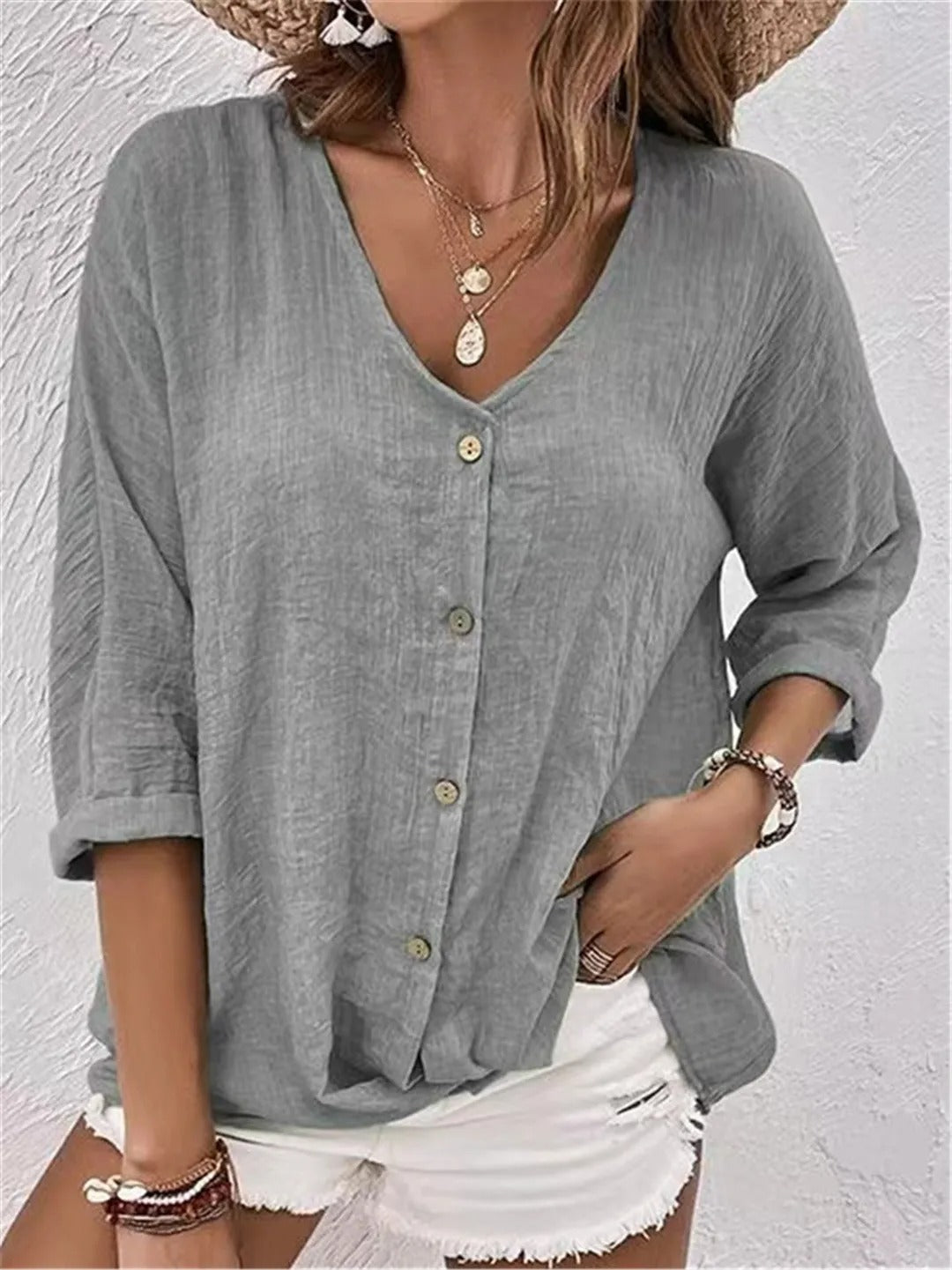 Fayo | Blusa Holgada con Escote en V y Botones