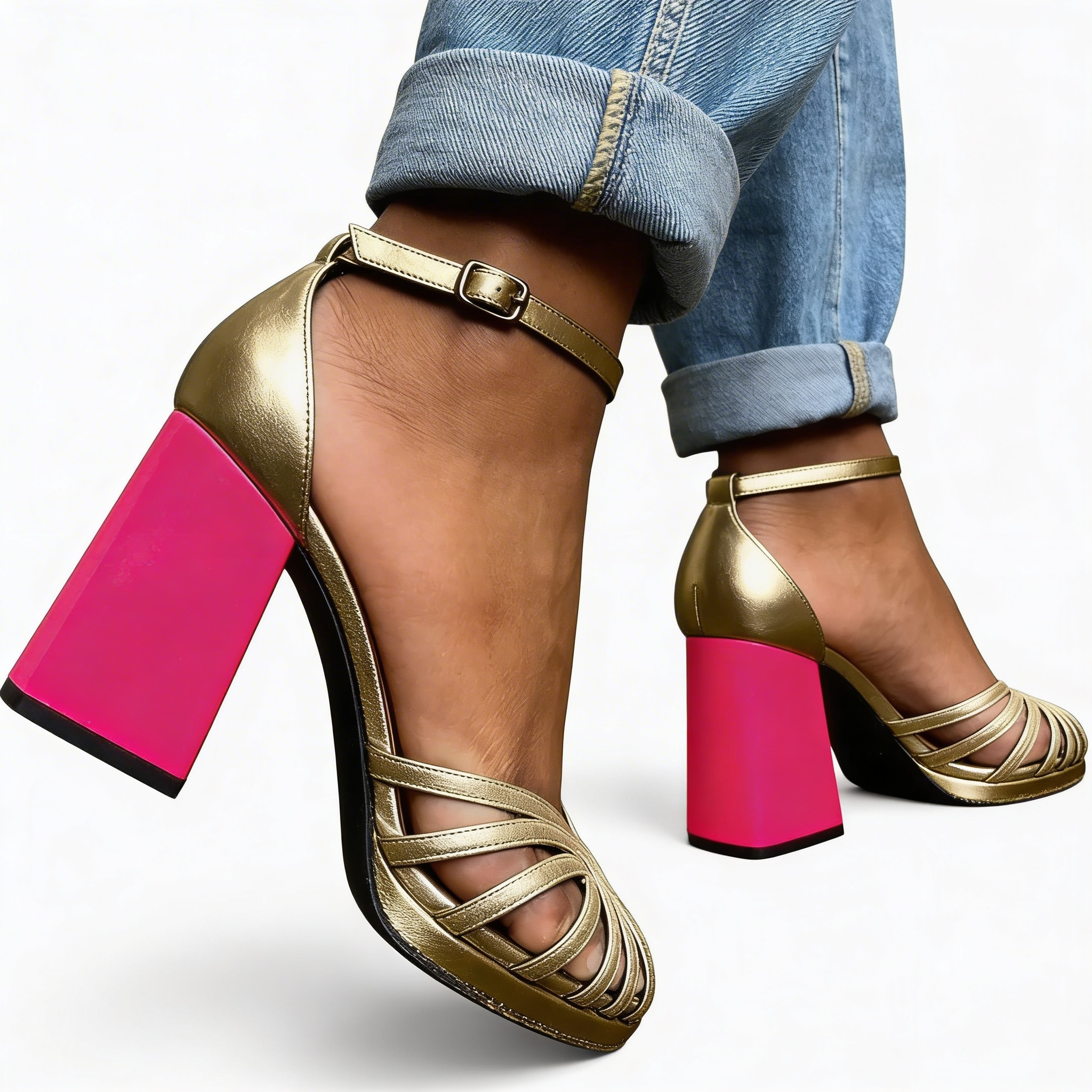 Fiesta | Sandalia de Tacón Ancho con Tiras Doradas y Tacón Fucsia