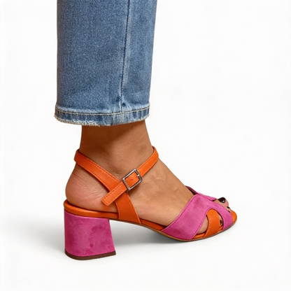Carmen | Sandalia de Tacón Ancho con Tiras Cruzadas en Fucsia y Naranja