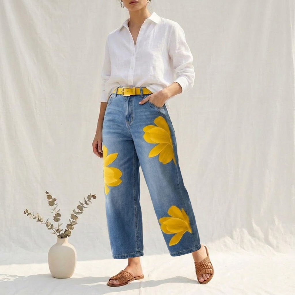 Beatrix | Vaquero Amarillo Elegante Loose Fit con Estampado Floral