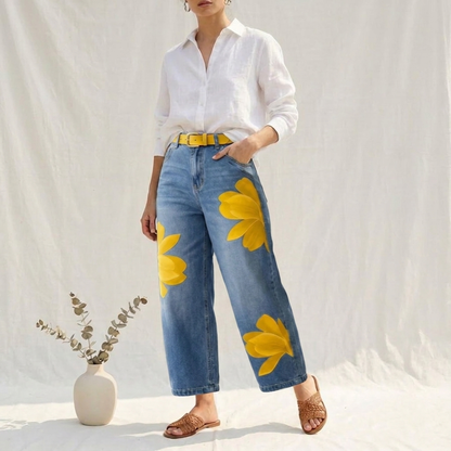 Beatrix | Vaquero Amarillo Elegante Loose Fit con Estampado Floral