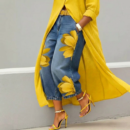 Beatrix | Vaquero Amarillo Elegante Loose Fit con Estampado Floral