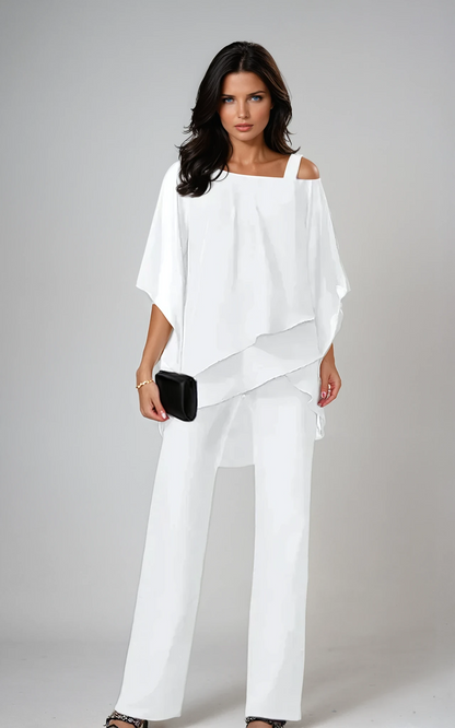 Vivienne Set | Elegante Chiffon Broekset met Asymmetrische Top
