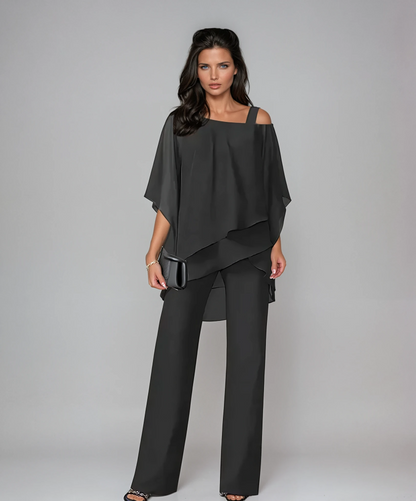 Vivienne Set | Elegante Chiffon Broekset met Asymmetrische Top