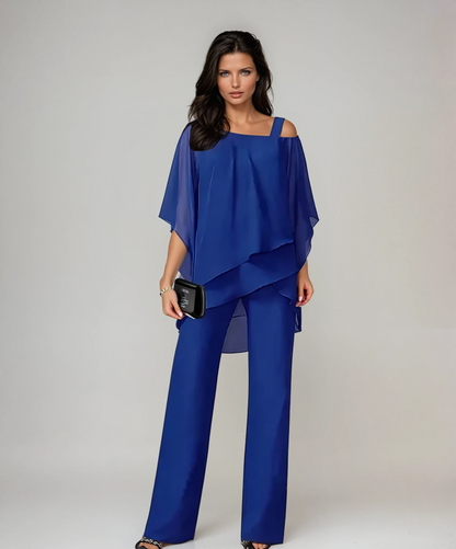 Vivienne Set | Elegante Chiffon Broekset met Asymmetrische Top