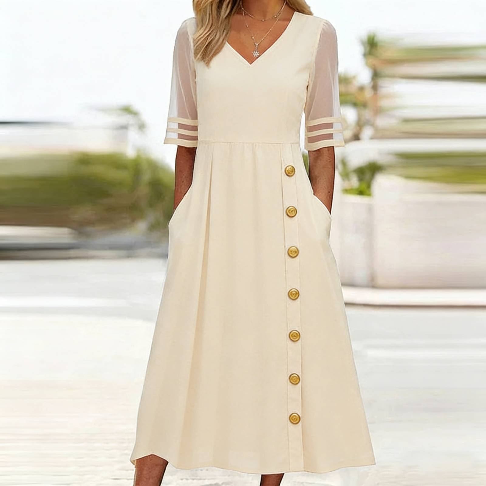 Navy Plain Short Sleeve Midi Dress