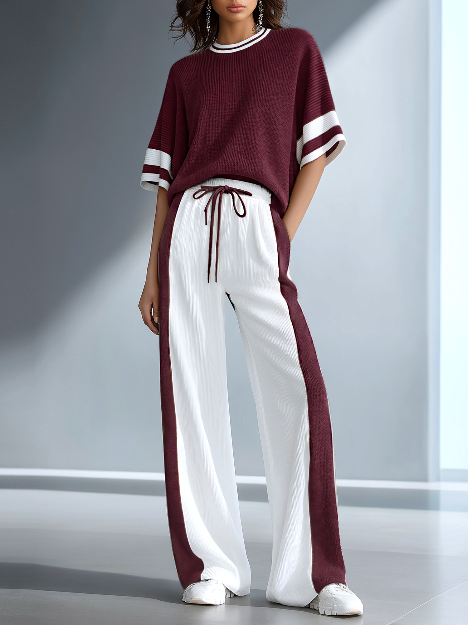 Women's Stylish Casual Brown Color-block Short-sleeved Knitted Top And Trousers Set