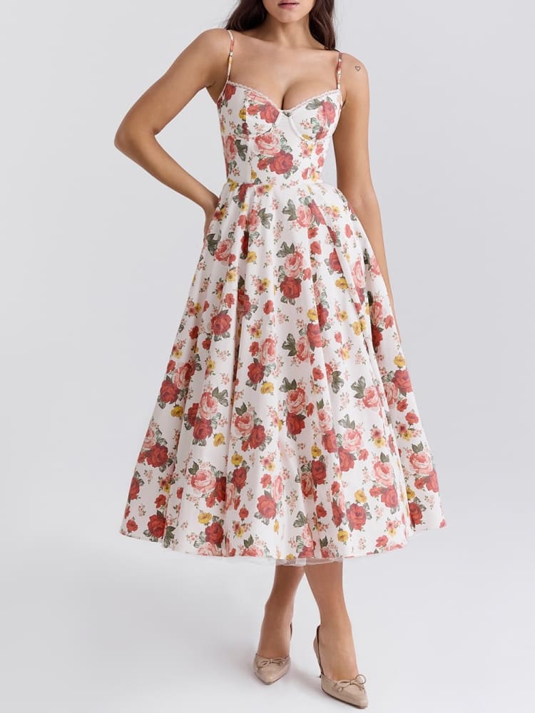 Arielle | Vestido Midi Azul con Corsé y Falda Evasé