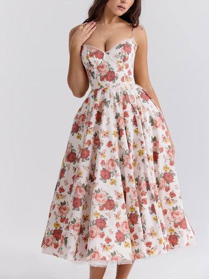 Arielle | Vestido Midi Azul con Corsé y Falda Evasé