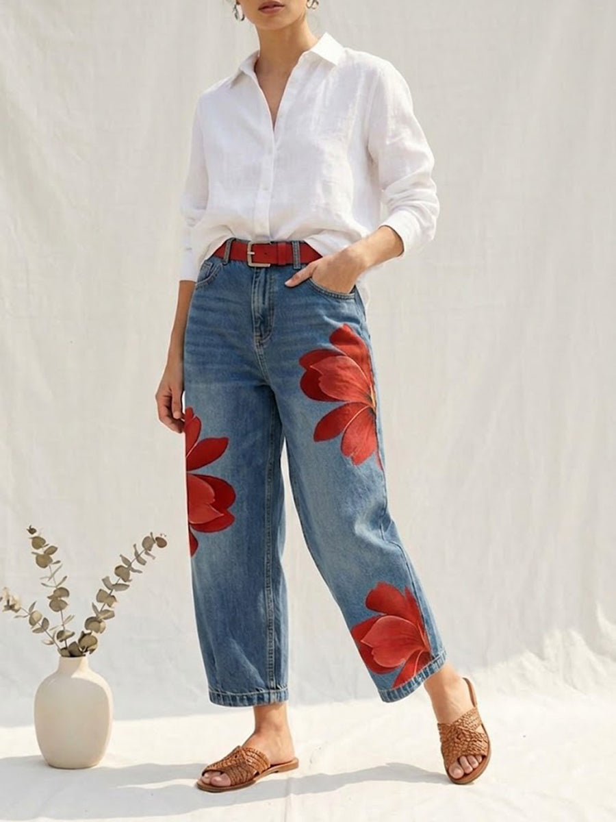 Beatrix | Vaquero Rojo Elegante Loose Fit con Estampado Floral