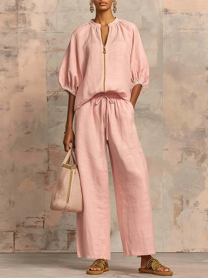 Alba | Camisa con Cremallera y Pantalón de Pernera Ancha en Tejido Ligero