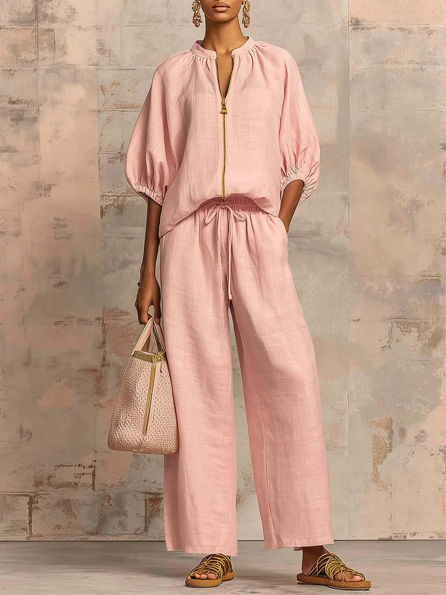 Alba | Camisa con Cremallera y Pantalón de Pernera Ancha en Tejido Ligero