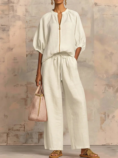 Alba | Camisa con Cremallera y Pantalón de Pernera Ancha en Tejido Ligero