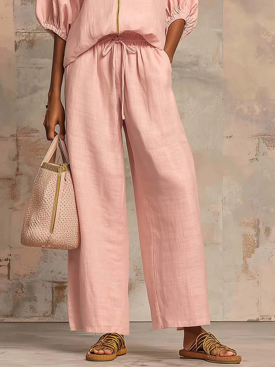 Alba | Camisa con Cremallera y Pantalón de Pernera Ancha en Tejido Ligero