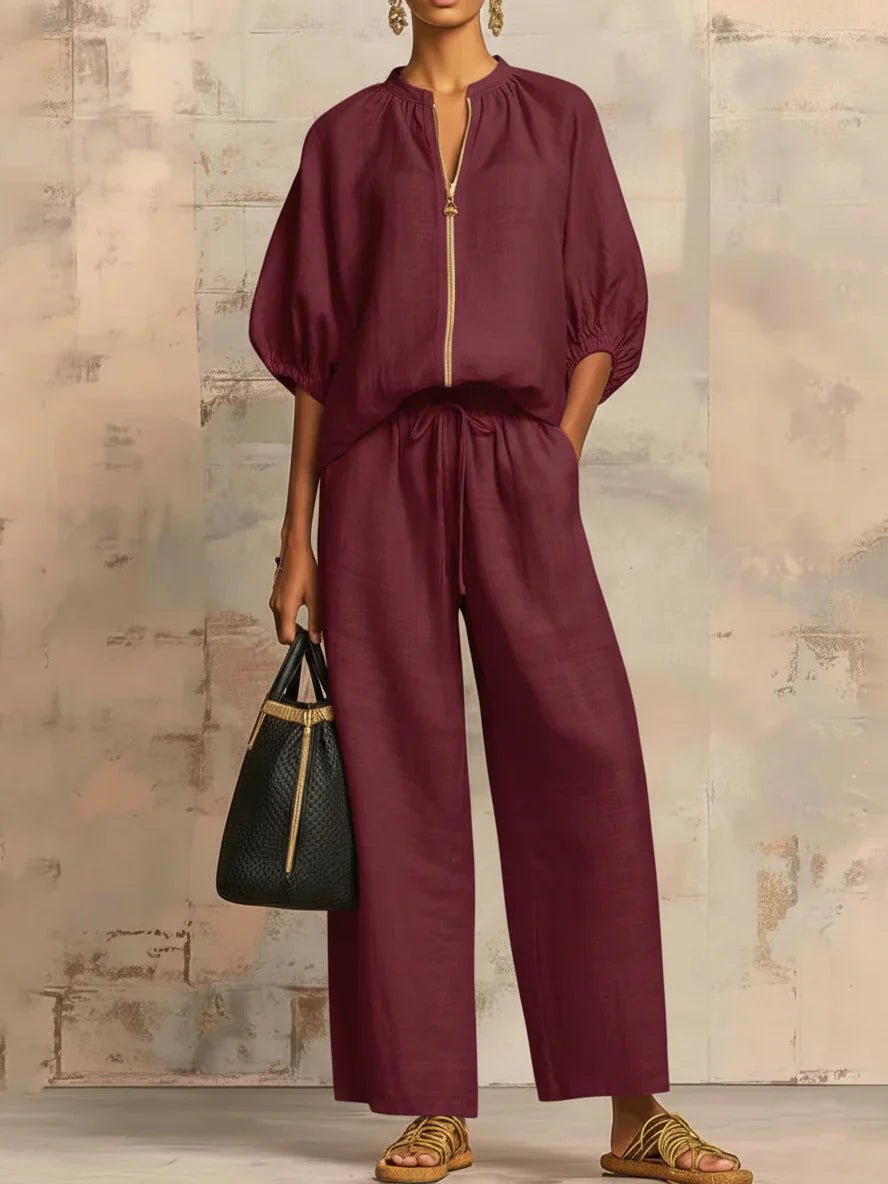 Alba | Camisa con Cremallera y Pantalón de Pernera Ancha en Tejido Ligero