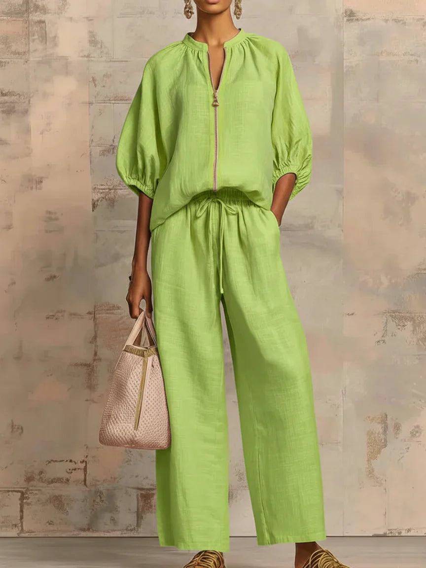Alba | Camisa con Cremallera y Pantalón de Pernera Ancha en Tejido Ligero