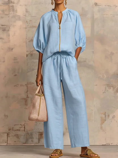 Alba | Camisa con Cremallera y Pantalón de Pernera Ancha en Tejido Ligero