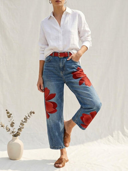 Beatrix | Vaquero Rojo Elegante Loose Fit con Estampado Floral