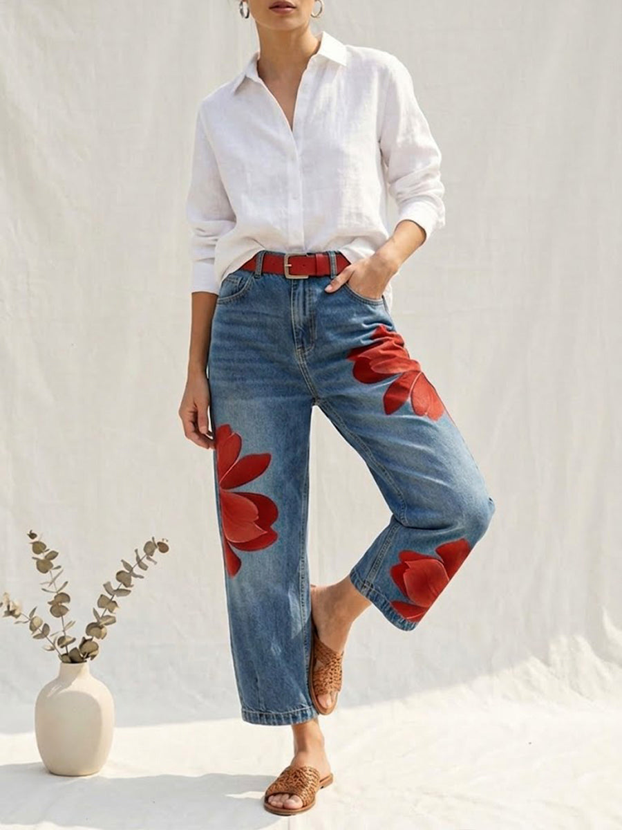 Beatrix | Vaquero Rojo Elegante Loose Fit con Estampado Floral