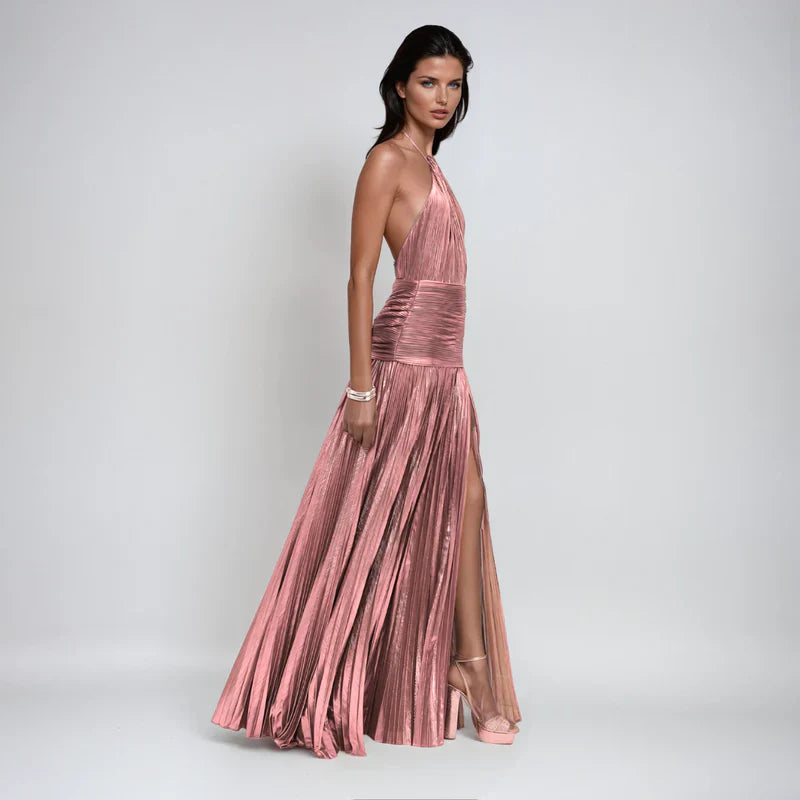 Elena | Vestido Maxi Halter Metálico con Abertura