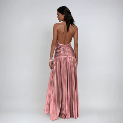 Elena | Vestido Maxi Halter Metálico con Abertura
