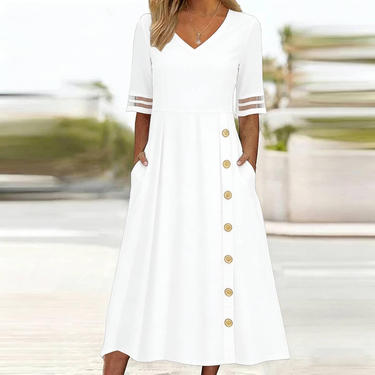 Navy Plain Short Sleeve Midi Dress